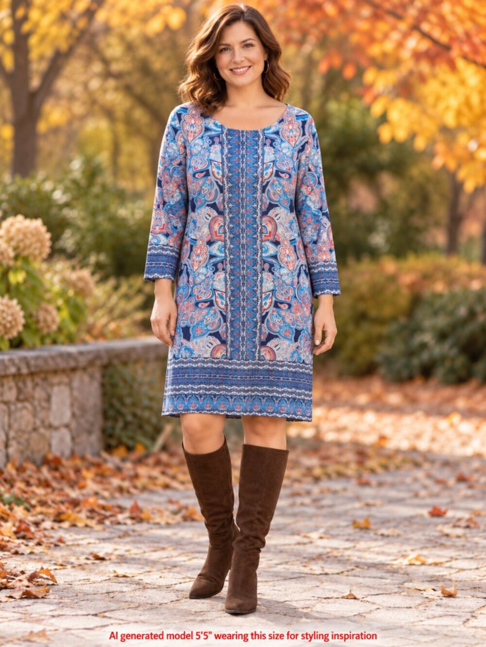 Boho Paisley Shift Dress Haani XL Blue Red Long Sleeve Tunic